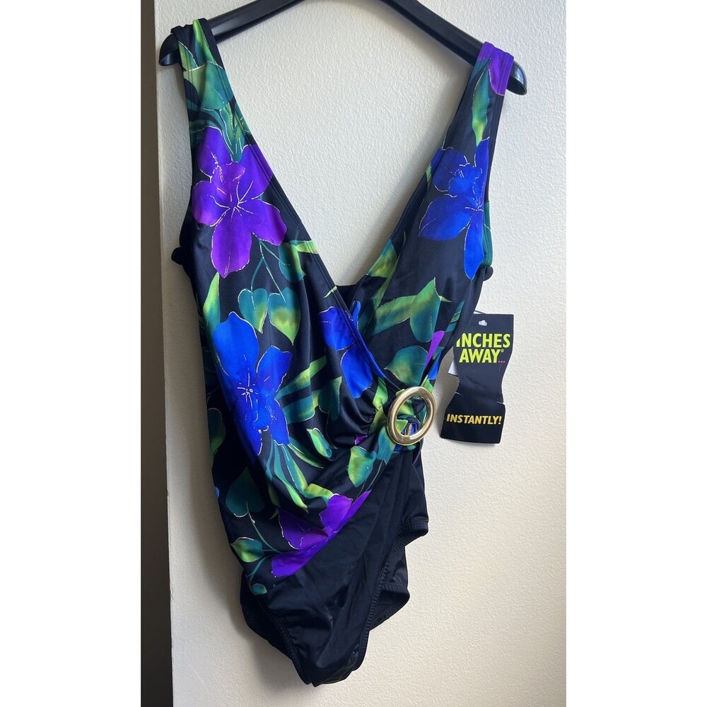 Inches Away One Piece Swimsuit Size 12 Floral Black Purple Blue Green NEW